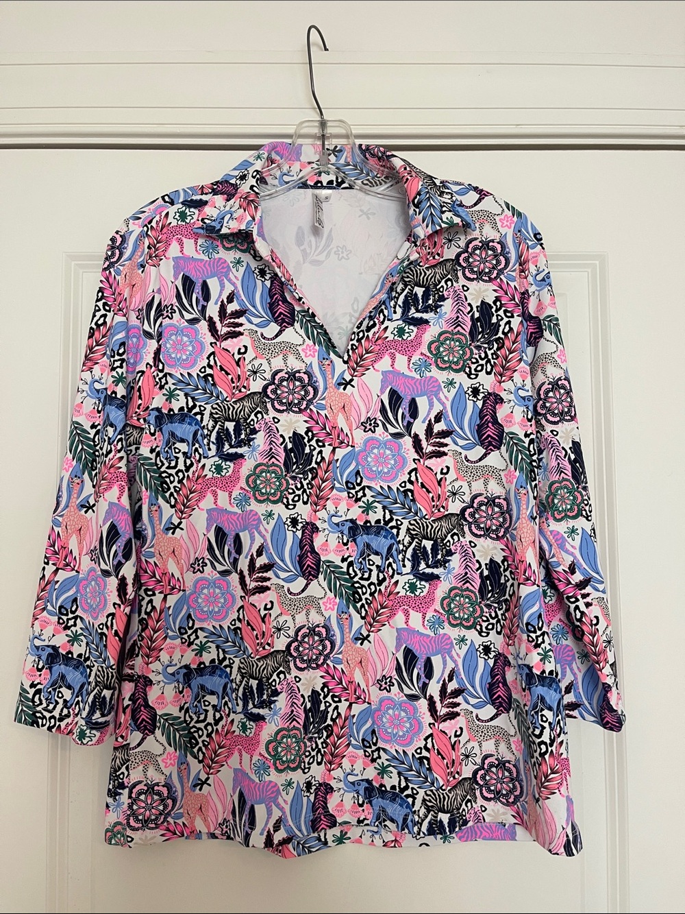 Lulu-B Bright Jungle Collar Top Stretchy Pullover Small